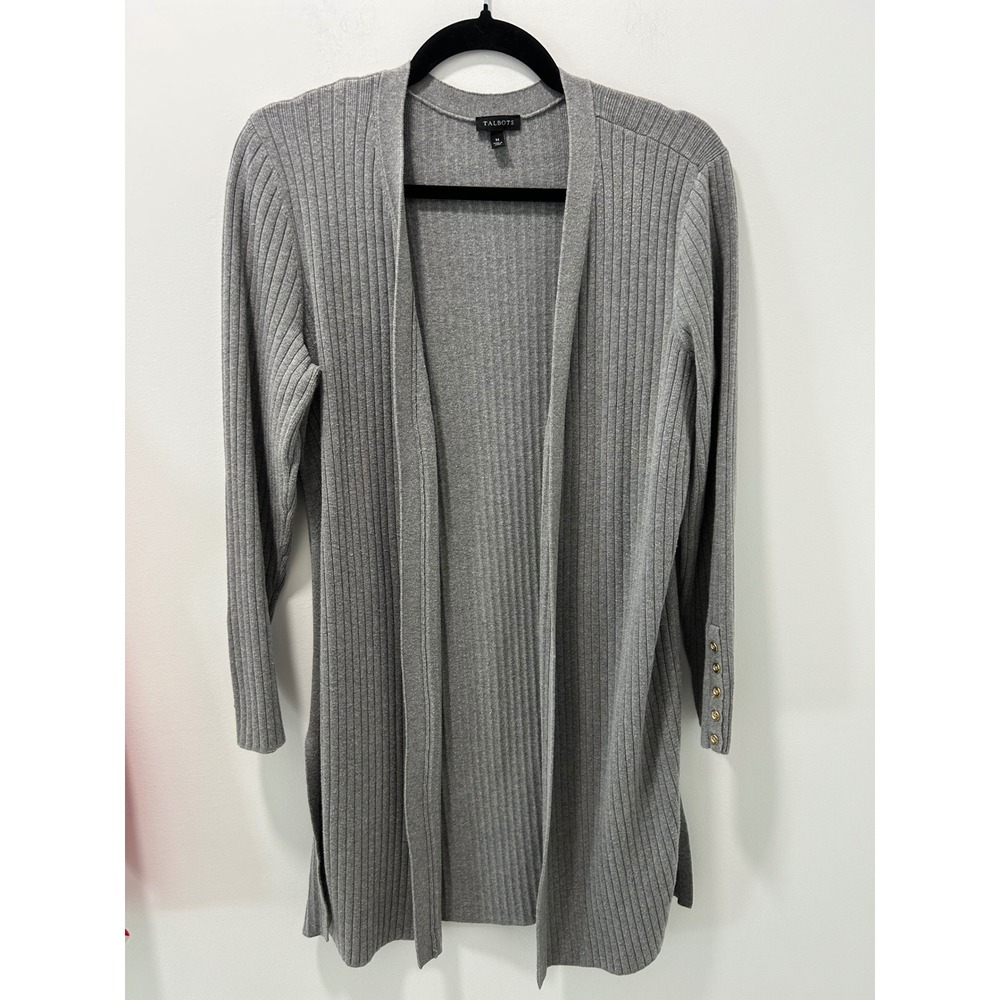 Talbots Womens Medium Gray Ribbed Open Front Cardigan Gold Button Cuff Sweater